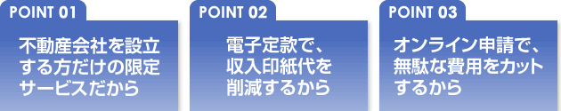 POINT01:不動産会社を設立する方だけの限定サービスだから POINT02:電子定款で、収入印紙代を削減するから POINT03:オンライン申請で、無駄な費用をカットするから